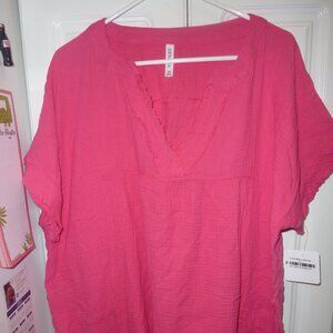 NWT Zenana Oversized Raw Edge Gauze V-Neck Top Tunic In Fuchsia Size 1X